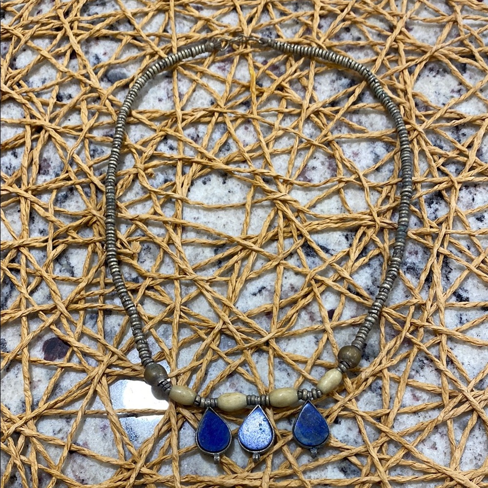 Vintage Tribal‎ Afghan 3 Teardrop Imitation Lapis Silver Tone Necklace